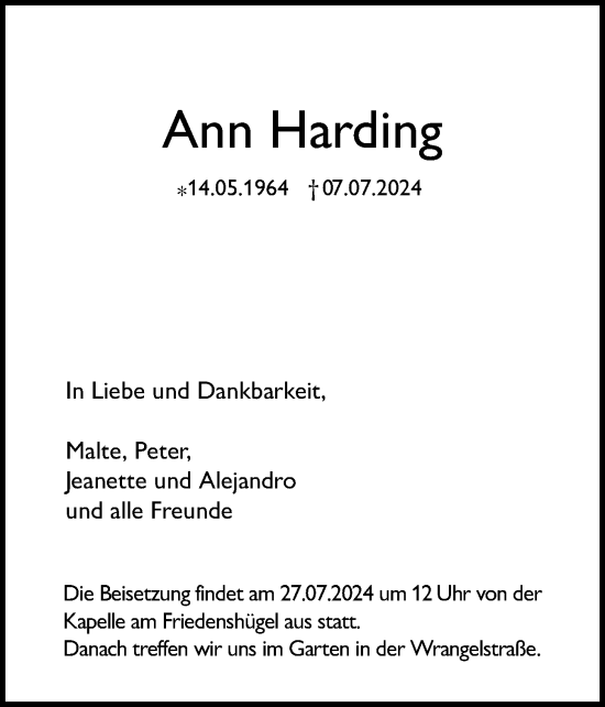 Traueranzeige von Ann Harding von Flensburger Tageblatt