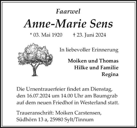 Traueranzeige von Anne-Marie Sens von Sylter Rundschau