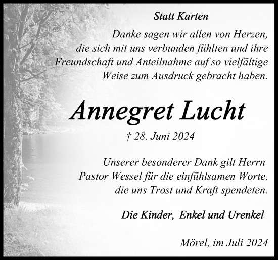 Traueranzeige von Annegret Lucht von Schleswig-Holsteinische Landeszeitung