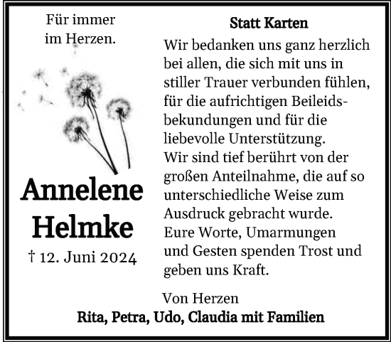 Traueranzeige von Annelene Helmke von Flensburger Tageblatt