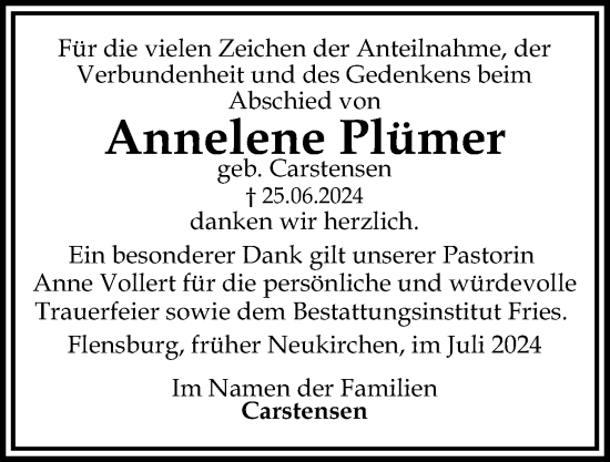 Traueranzeige von Annelene Plümer von Flensburger Tageblatt
