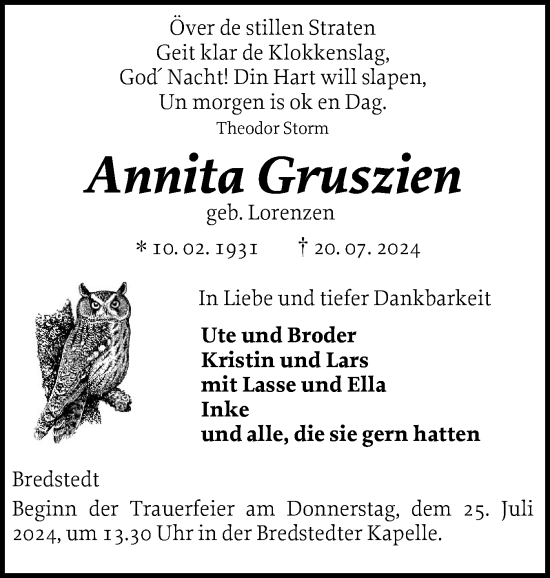 Traueranzeige von Annita Gruszien von Husumer Nachrichten, Nordfriesland Tageblatt