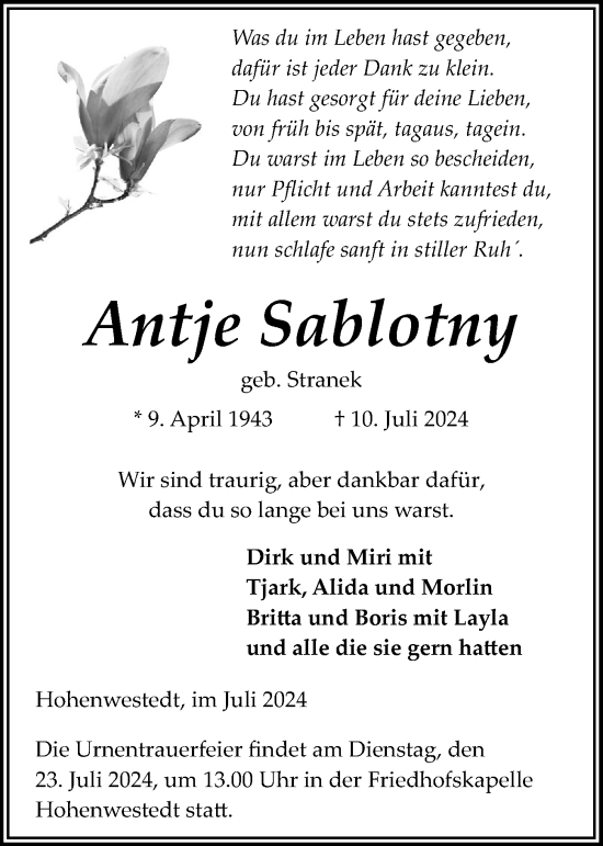Traueranzeige von Antje Sablotny von Schleswig-Holsteinische Landeszeitung