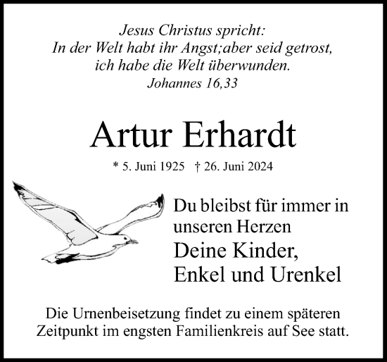 Traueranzeige von Artur Erhardt von Uetersener Nachrichten, Der tip am Wochenende