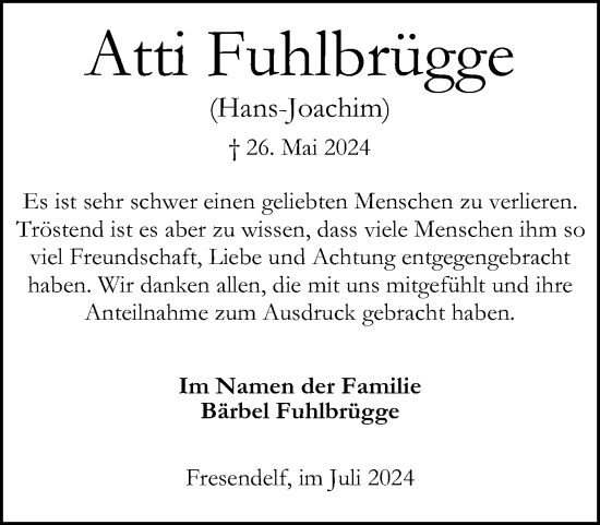 Traueranzeige von Atti Fuhlbrügge von Husumer Nachrichten, Nordfriesland Tageblatt