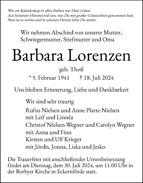 Traueranzeige von Barbara Lorenzen von Eckernförder Zeitung