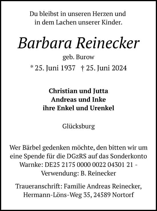 Traueranzeige von Barbara Reinecker von Flensburger Tageblatt