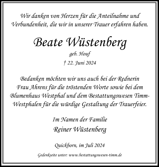 Traueranzeige von Beate Wüstenberg von Region Pinneberg und tip Pinneberg