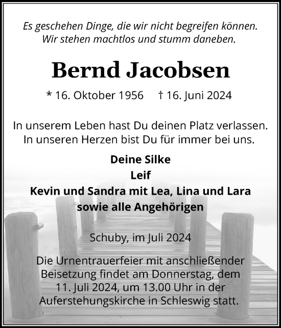 Traueranzeige von Bernd Jacobsen von Schleswiger Nachrichten, Schlei-Bote