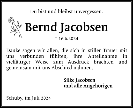 Traueranzeige von Bernd Jacobsen von Schleswiger Nachrichten, Schlei-Bote