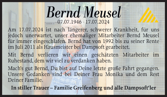 Traueranzeige von Bernd Meusel von Eckernförder Zeitung, Hallo Eckernförde