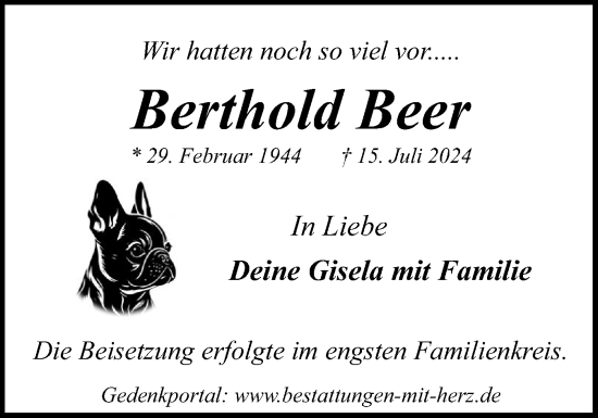Traueranzeige von Berthold Beer von Flensburger Tageblatt