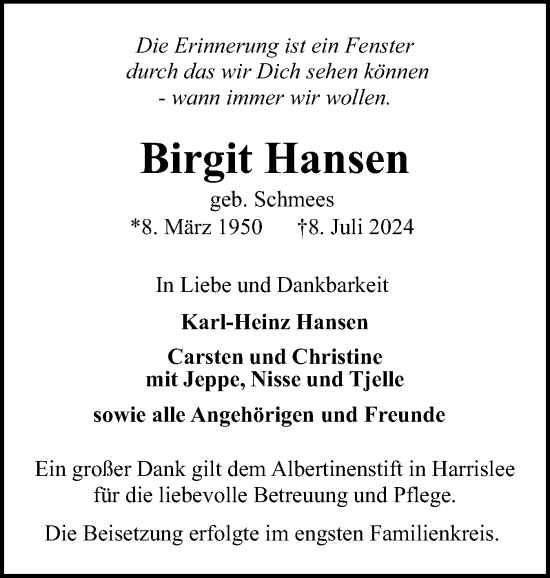 Traueranzeige von Birgit Hansen von Flensburger Tageblatt
