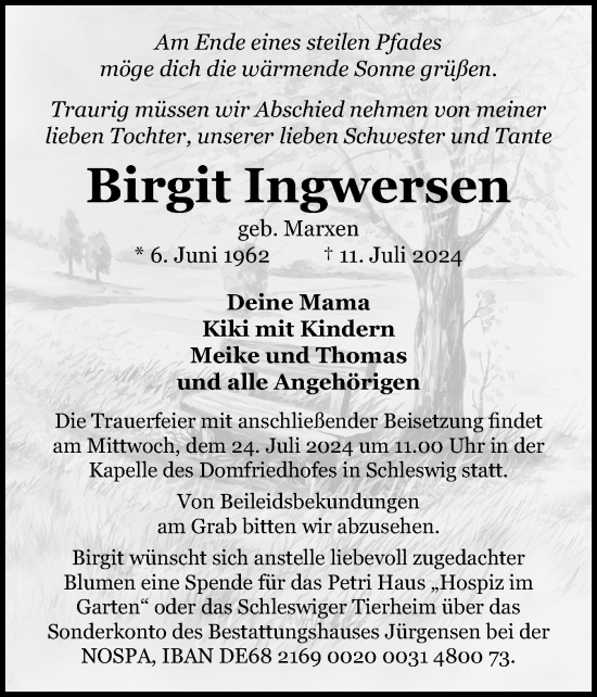 Traueranzeige von Birgit Ingwersen von Schleswiger Nachrichten, Schlei-Bote