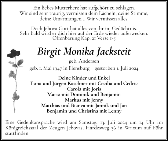 Traueranzeige von Birgit Monika Jacksteit von Der Insel-Bote