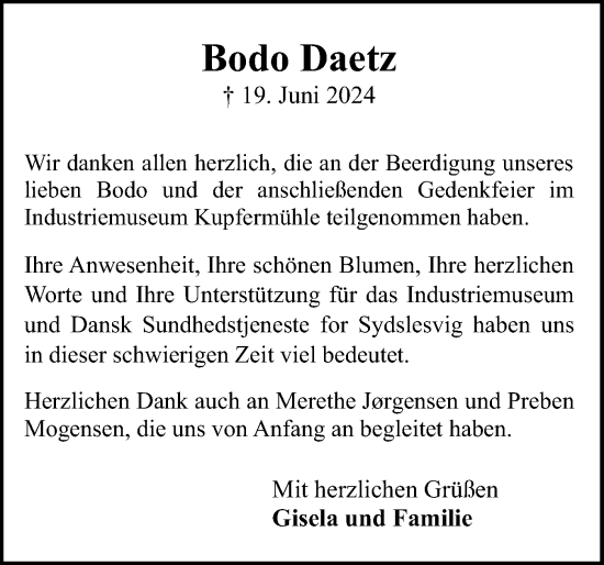 Traueranzeige von Bodo Daetz von Flensburger Tageblatt