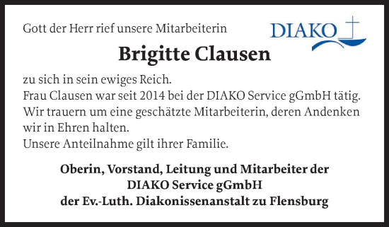 Traueranzeige von Brigitte Clausen von Flensburger Tageblatt