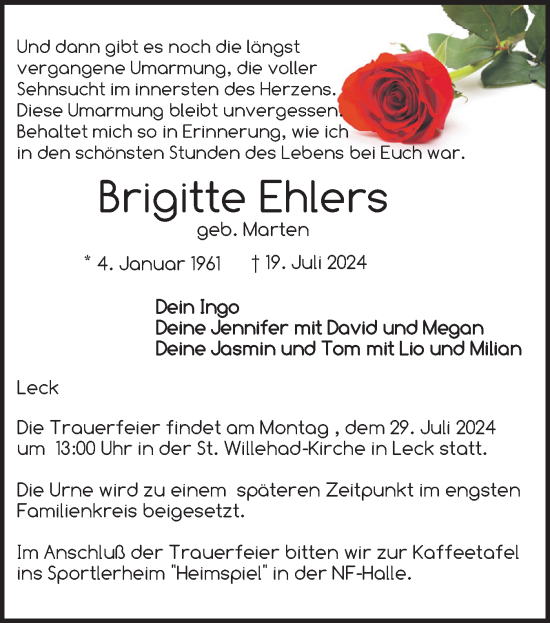 Traueranzeige von Brigitte Ehlers von Husumer Nachrichten, Nordfriesland Tageblatt