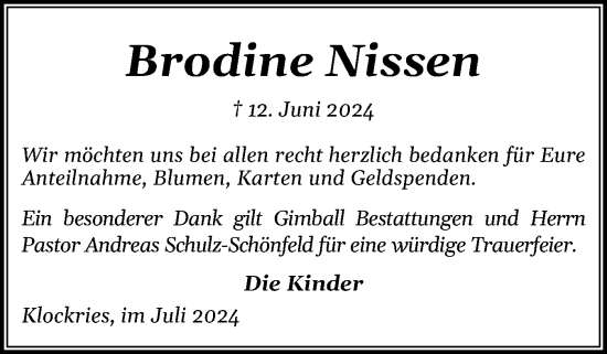 Traueranzeige von Brodine Nissen von Husumer Nachrichten, Nordfriesland Tageblatt