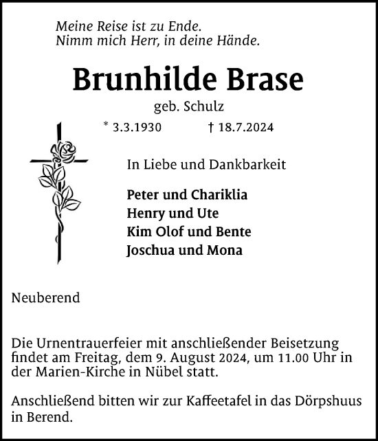 Traueranzeige von Brunhilde Brase von Schleswiger Nachrichten, Schlei-Bote