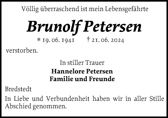 Traueranzeige von Brunolf Petersen von Husumer Nachrichten, Nordfriesland Tageblatt