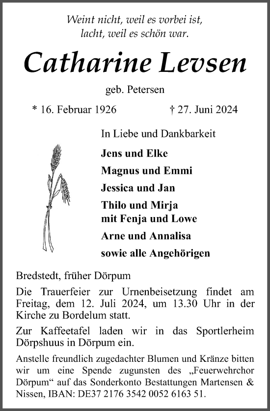 Traueranzeige von Catharine Levsen von Husumer Nachrichten, Nordfriesland Tageblatt