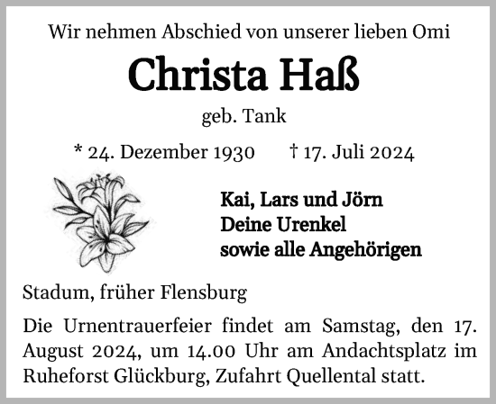 Traueranzeige von Christa Haß von Region Flensburg