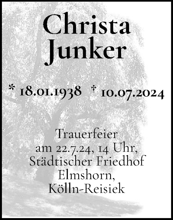 Traueranzeige von Christa Junker von Elmshorner Nachrichten, Barmstedter Zeitung