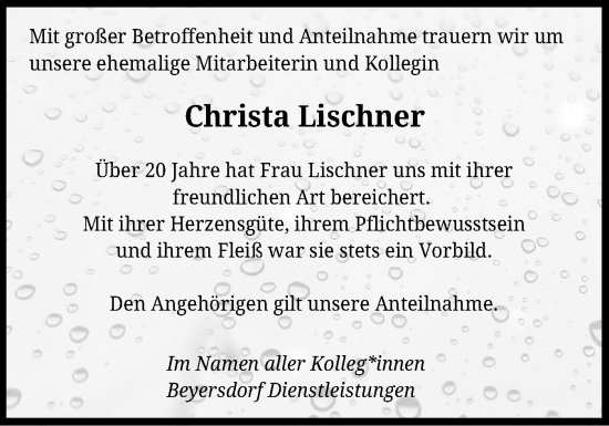 Traueranzeige von Christa Lischner von Flensburger Tageblatt