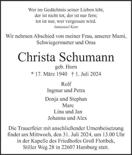 Traueranzeige von Christa Schumann von Region Pinneberg und tip Pinneberg