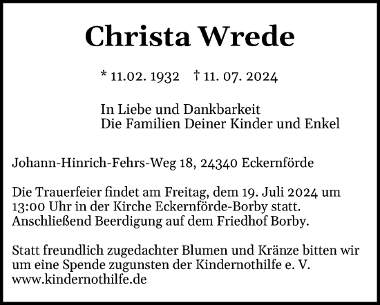 Traueranzeige von Christa Wrede von Eckernförder Zeitung, Hallo Eckernförde