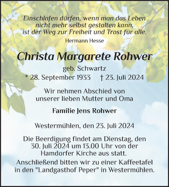 Traueranzeige von Christa Margarete Rohwer von Schleswig-Holsteinische Landeszeitung