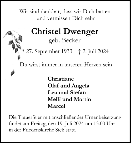Traueranzeige von Christel Dwenger von Stormaner Tageblatt