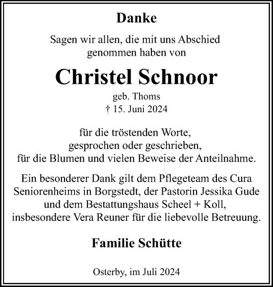 Traueranzeige von Christel Schnoor von Eckernförder Zeitung, Hallo Eckernförde