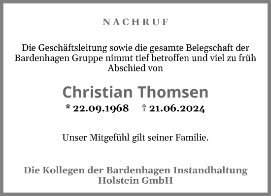 Traueranzeige von Christian Thomsen von Husumer Nachrichten, Nordfriesland Tageblatt