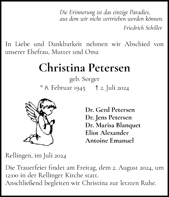 Traueranzeige von Christina Petersen von Region Pinneberg und tip Pinneberg