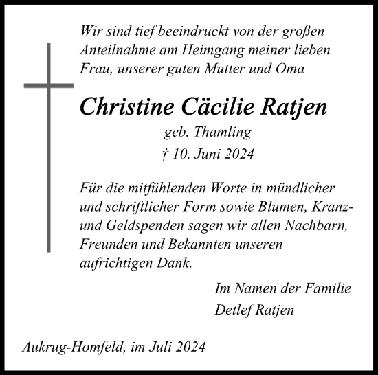 Traueranzeige von Christine Cäcilie Ratjen von Schleswig-Holsteinische Landeszeitung