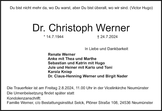 Traueranzeige von Christoph Werner von Holsteinischer Courier