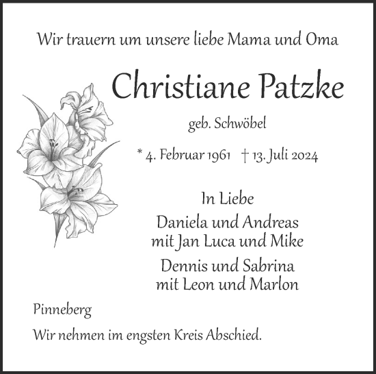 Traueranzeige von Ckristiane Patzke von Region Pinneberg und tip Pinneberg