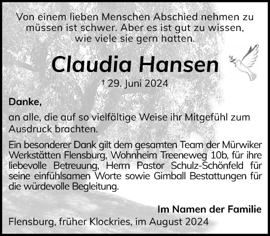 Traueranzeige von Claudia Hansen von Husumer Nachrichten, Nordfriesland Tageblatt