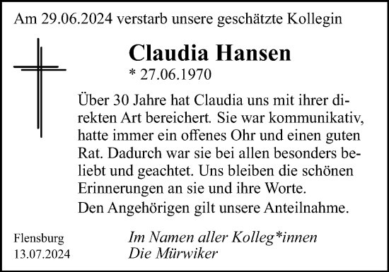 Traueranzeige von Claudia Hansen von Flensburger Tageblatt