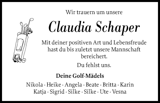 Traueranzeige von Claudia Schaper von Schleswiger Nachrichten, Schlei-Bote