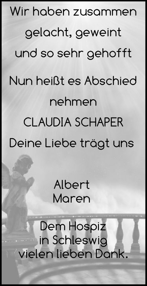 Traueranzeige von Claudia Schaper von Flensburger Tageblatt