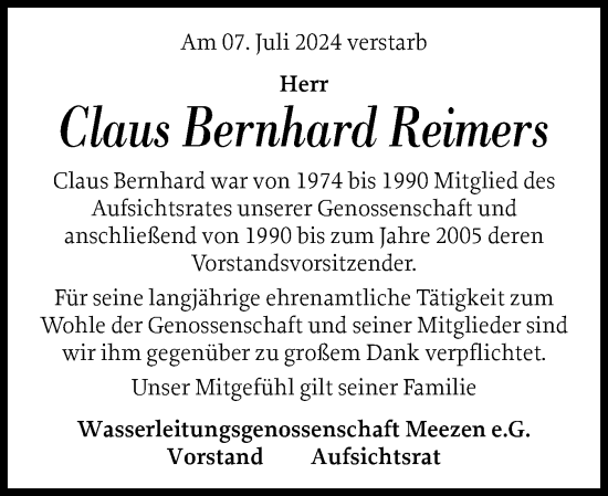 Traueranzeige von Claus Bernhard Reimers von Schleswig-Holsteinische Landeszeitung