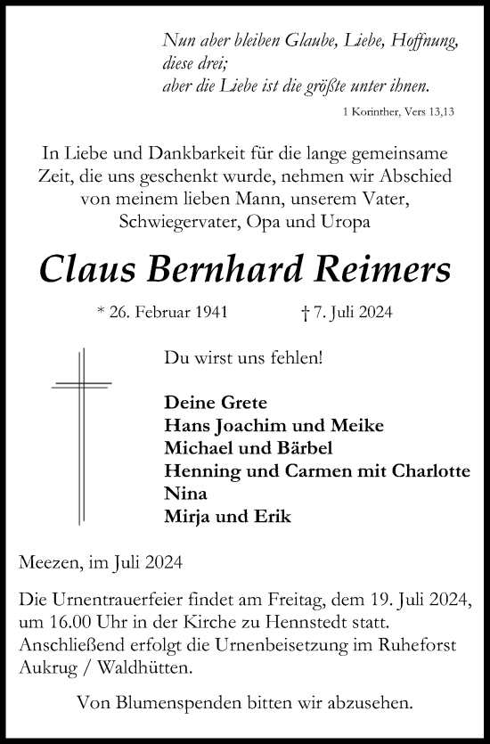Traueranzeige von Claus Bernhard Reimers von Schleswig-Holsteinische Landeszeitung