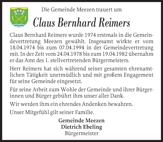 Traueranzeige von Claus Bernhard Reimers von Schleswig-Holsteinische Landeszeitung