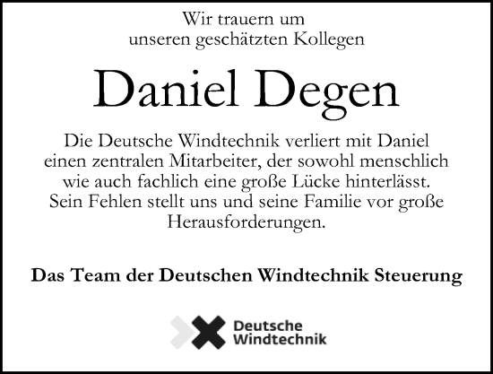 Traueranzeige von Daniel Degen von Husumer Nachrichten, Nordfriesland Tageblatt