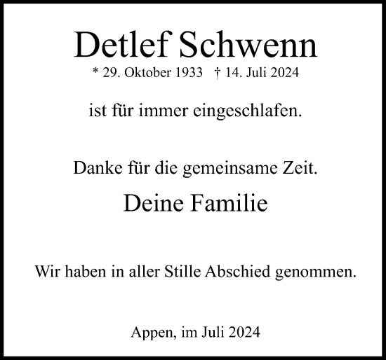 Traueranzeige von Detlef Schwenn von Uetersener Nachrichten, Der tip am Wochenende