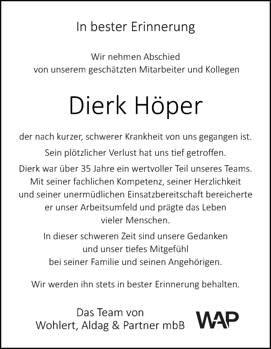 Traueranzeige von Dierk Höper von Norddeutsche Rundschau, Wilstersche Zeitung, Glückstädter Fortuna