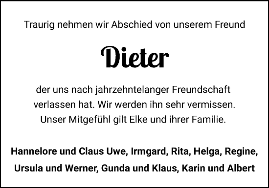 Traueranzeige von Dieter  von Holsteinischer Courier